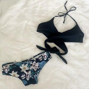Blue Bikini with Navy Wrap Top and Floral Rouched Back Bottoms Size M
